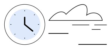 Belirli bir saat, minimalist bulut tasarımı ile eşleştirilmiş zaman yönetimi, dakiklik, hava durumu güncellemeleri, rutin planlamayı sembolize ediyor. Üretkenlik, zamanlama ve verimlilik için ideal