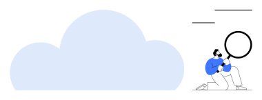 Büyük bir bulutun yanında büyüteç tutan bir adam. Bulut hesaplama, araştırma, analitik, veri depolama, yenilik, keşif, siber güvenlik için ideal. Basit düz metafor