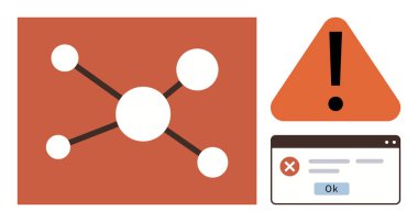 Merkezi merkezli ağ diyagramı, Ok düğmeli hata mesajı kutusu ve uyarı işareti. Teknoloji sorunları, bağlantı, risk, sorun giderme, sistem hataları, veri akışı basit düz metafor