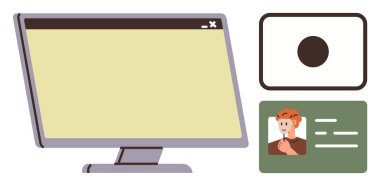 Masaüstü monitörü, kamera ve kimlik doğrulaması dijital sistemlerde kimlik doğrulamasını vurguluyor. Teknoloji için ideal, çevrimiçi güvenlik, kimlik doğrulama, biyometrik, kullanıcı bindirme, kişisel veri düzlüğü