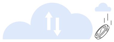 Yukarı ve aşağı veri transferini gösteren okları olan büyük bulut, küçük bulut ve düşen dijital para. Veri, depolama, takas, finans, bulut teknolojisi, ağ ve kripto para birimi için ideal