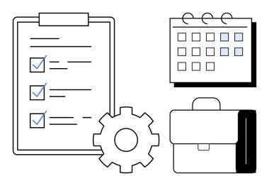 Görev listesi, dişli, takvim ve evrak çantası organizasyonu temsil ediyor, verimlilik, takım çalışması, planlama, verimlilik hedefi zaman yönetimi. Proje zamanlaması ve iş için ideal