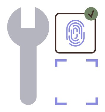 Anahtar sembolünün yanında işaret olan parmak izi tarayıcı simgesi. Siber güvenlik, veri erişimi, kimlik doğrulaması, kullanıcı kimlik doğrulaması, teknik destek, sistem kurulumu, basit düz metafor için ideal