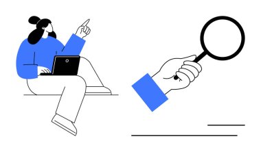 Dizüstü bilgisayarla çalışan bir kadın büyüteç tutan bir elin yanında yukarı bakıyor. Araştırma, analiz, teknoloji, eğitim, problem çözme, keşif ve yenilik için idealdir. Basit düz