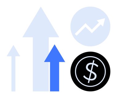 Yukarı bakan oklar, daireler halinde yükselen çizgi grafiği ve dolar işareti ekonomik ilerlemeyi vurguluyor. Ticari büyüme, kâr, yatırım, strateji, liderlik, başarı için ideal düz metafor