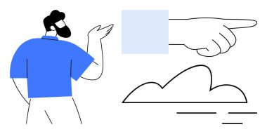 Gündelik giysiler içinde el kol hareketi yapan, yönü vurgulayan basit bulut çizimi yapan bir adam. Liderlik, rehberlik, karar verme, minimalizm, yaratıcılık, soyut temalar için ideal basit