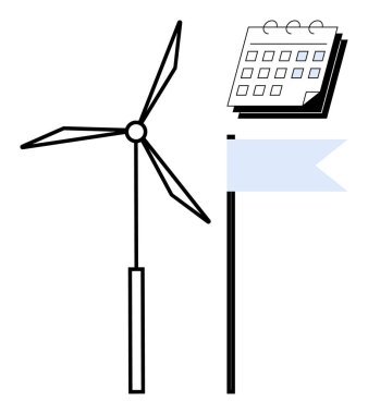 Yenilenebilir enerji, sürdürülebilirlik, planlama, çevresel hedefler, temiz enerji girişimlerini temsil eden rüzgar türbini, takvim ve bayrak. Strateji ve ekolojik gelişim için ideal