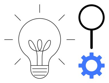 Parlak çizgili ampul, büyüteç ve fikirleri, keşfi, çözümleri, araştırmaları, yaratıcılığı, yeniliği ve gelişimi sembolize eden mavi dişli. Yeni iş kavramları için ideal takım çalışması