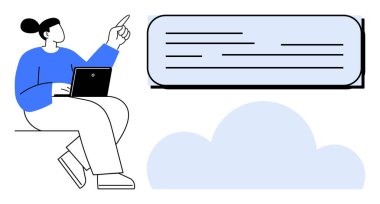 Dizüstü bilgisayarlı bir kadın, bulutun yakınındaki yüzen mesaj baloncuğuna bakıyor, bulut verilerini, iletişimini ve teknolojisini vurguluyor. İşbirliği, bulut hesaplama, takım çalışması, mesajlaşma için ideal