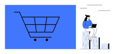 Büyük bir alışveriş arabası simgesi, dizüstü bilgisayarlı bir kadın verileri incelerken e-ticareti simgeler. Çevrimiçi alışveriş, dijital pazarlama, analiz, tüketici davranışı, perakende eğilimleri, iş