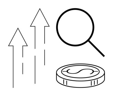 Yukarı bakan oklar, büyüteç ve bozuk para artan gelir, yatırım analizi ve ekonomik ilerlemeyi temsil ediyor. Finans, strateji, büyüme araştırmaları ekonomi sektörü için ideal. Basit düz