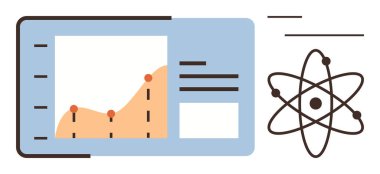 Veri noktaları, metin detayları ve atomik yapıya sahip analitik grafik araştırma, veri analizi ve bilimi vurguluyor. Eğitim, yenilik, istatistik ve teknoloji keşfi için ideal