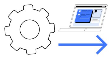 İş akışını, otomasyonu, optimizasyonu, teknoloji entegrasyonunu veya süreç dönüşümünü gösteren bir ok içeren bir vites sembolü ve dizüstü bilgisayar. Teknoloji için ideal, verimlilik, yenilik, gelişme
