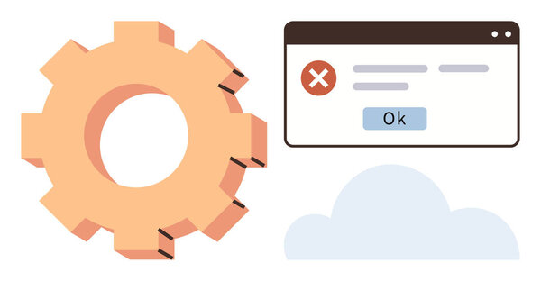 Gear, error message window with Ok button, and cloud representing technical difficulty, system glitch. Ideal for technology, troubleshooting, maintenance, software issues, cloud integration