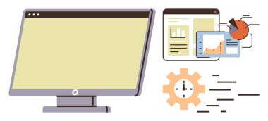 Bilgisayar monitörü çalışma akışını, analizi sembolize eden çizelgeler, belgeler ve dişli simgesi ile birlikte veri gösteriyor. Veri analizi, üretkenlik, teknoloji, iş, araştırma geliştirme için ideal