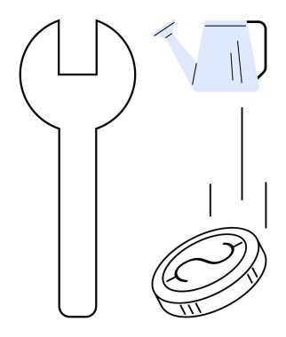 Anahtar, sulama suyu ve madeni para büyümeyi, yatırımı, tamiri ve üretkenliği sembolize eder. Yenilik, finans, işletme yönetimi takım çalışması sürdürülebilirliği ve sade daire için ideal