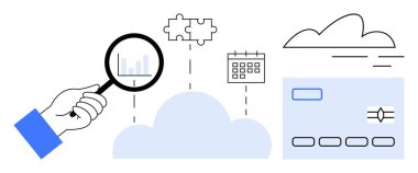 Üzerinde büyüteç, bar haritası, bulmaca parçası, bulut, takvim ve soyut kredi kartı olan bir el. Veri analizi, bulut hesaplaması, dijital çözümler, finans organizasyonu hedefi için ideal