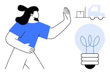 Bir teslimat kamyonu ve ampulün yanında durup jest yapan kişi lojistik, yaratıcılık ve karar verme mekanizmasını sembolize ediyor. Yenilik, verimlilik, tedarik zinciri, sürdürülebilirlik için ideal