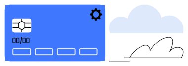 Mavi kredi kartı, çip, vites simgesi ve bulut çizimi. Finans, teknoloji, e-ticaret, veri güvenliği, yenilikçi dijital yönetim çevrimiçi çözümleri için ideal. Basit düz metafor