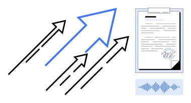 Büyümek için yukarı bakan oklar, verileri veya kasılmaları sembolize eden bir belge ve iletişim için ses dalgası görüntüsü. İlerleme, yenilik, takım çalışması, planlama, strateji ve performans için ideal