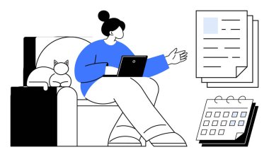 Kanepede dizüstü bilgisayarıyla oturan bir kadın yanında bir kedi yatarken el kol hareketi yapıyor. Görünür belgeler ve takvim, örgütlenme ve uzaktan çalışma anlamına gelir. Serbest çalışmak için ideal, üretkenlik, zaman