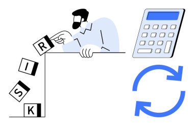 İnsan, hesaplama ve işlem sembolleri ile düşen risk bloklarını önler, problem çözmeyi ön plana çıkarır. Risk yönetimi, planlama, strateji, iş, finans, kurtarma ekibi çalışması için ideal. Basit düz