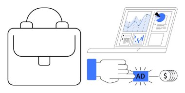 Sırt çantası, el tıklama düğmesi analitik grafikli dizüstü bilgisayar. Dijital pazarlama, reklam, iş büyümesi, e-ticaret, girişimcilik veri analizi yatırımları için idealdir. Düz