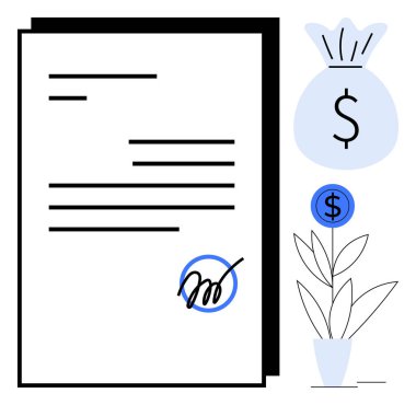 İmza, nakit para çantası ve bitki resimleme anlaşması, zenginlik ve büyüme belgeleri. Yatırım, finansal planlama, ihale kar tasarrufu ekonomik istikrar için idealdir. Temiz