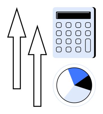Hesaplayıcı, iki yukarı doğru ok ve finansal büyüme, analitik, istatistik ve hedef başarısını gösteren pasta grafiği. Finans, iş, ekonomi yatırım stratejisi planlaması için ideal