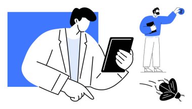 Bir meslektaşı bilgi verirken, bir bilim adamı bir böceği işaret ediyor. Araştırma, yenilik, takım çalışması, entomoloji, teknoloji, eğitim ve bilim iletişimi için ideal. Asgari