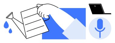 Teneke kutudan su dökmek fikri beslemeyi ve büyümeyi sembolize eder. Yakınlarda bir mikrofon ve dizüstü bilgisayar yaratıcılığı, iletişimi ve teknolojiyi temsil ediyor. Yenilik, üretkenlik ve takım çalışması için ideal