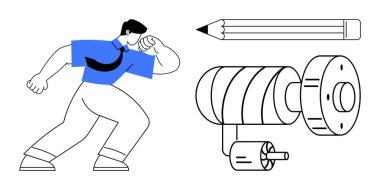 Mavi gömlekli, dinamik hareket eden kendinden emin bir adam, yaratıcılığı, teknoloji ve endüstri için mekanizmayı simgeleyen bir kalem. Yenilik için ideal, iş ilerlemesi, problem çözme, iş gücü