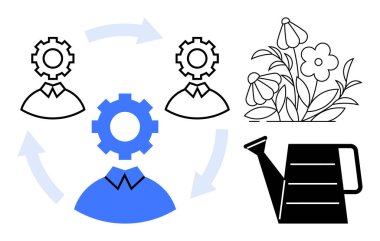 Çarkları bir döngü içinde bağlı olan takım üyeleri, büyümeyi temsil eden çiçekler ve beslenme şeklini sembolize eden bir sulama kutusu. Liderlik için ideal, takım çalışması, geliştirme, büyüme, işbirliği