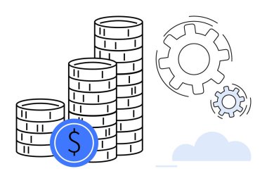 Madeni büyümeyi, iş süreçlerini, zenginlik yönetimini, yatırımı, yenilikçiliği, takım çalışmasını temsil eden, birbirine kenetlenmiş dişlilerin yanında işaretli mavi dolar işareti olan bozuk paralar yığıldı