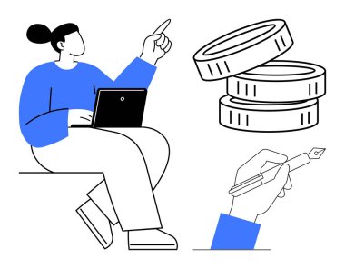 Dizüstü bilgisayarda çalışan, el kol hareketi yapan, madeni paraları biriktirmiş, el ele tutuşup yazıyı ya da işi temsil eden bir kadın. Girişimcilik, finans, eğitim ve uzak çalışma için ideal