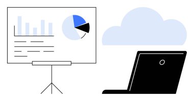 Bir sunum panosundaki dizüstü bilgisayara, haritaya ve grafiğe bağlı. Teknoloji, veri paylaşımı, uzaktan çalışma, üretkenlik, sunumlar, bulut çözümleri, basit düz metafor