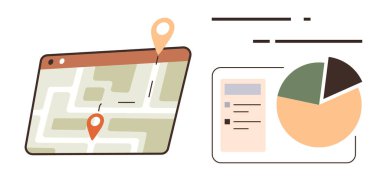 Pasta grafiği ve kontrol listesinin yanındaki konum pimleri ile harita arayüzü, navigasyon ve analizlerin birleşimi. Lojistik, planlama, strateji, iş, araştırma, takip yönetimi için ideal. Basit düz