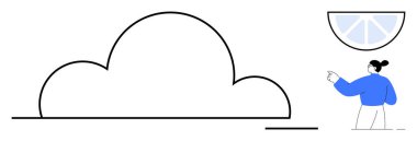 Bulut şeklinde ve yarım daire elementi olan bir insan. Teknoloji, yenilik, bulut depolama, veri, basitlik, gelecek, yaratıcılık için idealdir. Temiz, düz metafor