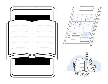Tablet üzerinde açık bir kitap, panoda diyet çizelgesi ve içinde süt, peynir, balık ve tahıl olan yiyecek parçaları. Eğitim, beslenme takibi, sağlık planlama teknolojisi için ideal modern yaşam alışkanlıkları