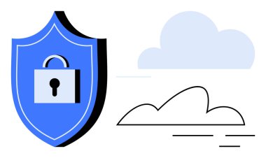 Minimalist bulut grafiklerinin yanında kilit sembollü mavi kalkan dijital depodaki güvenlik, güvenlik ve veri korumasını gösteriyor. Siber güvenlik, internet güvenliği, teknoloji, yazılım, bulut için ideal