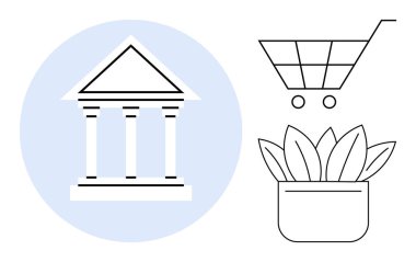 Banka cephesi, alışveriş arabası ve finans, ticaret ve sürdürülebilirliği temsil eden saksı fabrikası. Bankacılık, alışveriş, çevre, iş ekonomisi için ideal. Basit düz metafor.