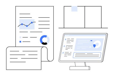 Belgede grafik, grafik, pasta grafiği, gösterge panelini gösteren dizüstünü aç. Analiz, raporlama, teknoloji, veri yönetimi, iş stratejileri üretkenlik araçları için ideal basit düz metafor