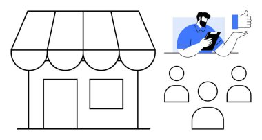 Çizgili tenteli bir dükkan, dört müşteri simgesi ve dijital olarak bağlanan bir adam. Perakende, iş, müşteri ilişkileri, geribildirim, hizmet pazarlama iletişimi için ideal