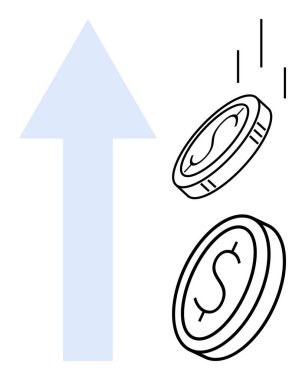 Yukarı doğru ok, bozuk paraların yanında aşağı doğru düşen dolar işaretlerini sembolize ediyor. Mali başarı, ekonomik büyüme, yatırım iyileştirmesi, zenginlik artışı ve gelir üretimi için ideal