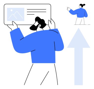 Dijital içerik tahtası tutan adam, büyümeyi sembolize eden yukarı doğru ok ve gelişmeyi simgeleyen bir figür. İş, sunum, büyüme, takım çalışması, strateji planlaması için idealdir. Basit.