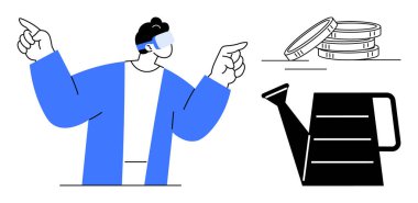 Gözlüklü adam teknolojiyi sembolize ediyor. Birikmiş paralar ve sulama yatırım, büyüme ve gelecekteki fırsatları temsil edebilir. Yenilik için ideal, finans, sanal gerçeklik, iş