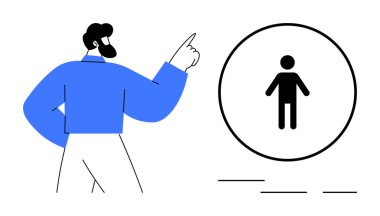 Takım rolleri, kimlikler, rehberlik, ağ oluşturma, kariyer büyümesi, kişiselleştirme, modern dijital etkileşimi sembolize eden bir çemberdeki kullanıcı figürü simgesine işaret eden kişi. Basit düz metafor