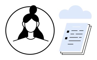 Bulutların altında istiflenmiş belgelerin yanında daire çizen kadın avatar. Kimlik, depolama, organizasyon, ağ, iş akışı, dijital işbirliği, basit düz metafor