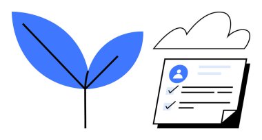 Bulut destekli profil verilerinin yanında büyümeyi sembolize eden mavi yapraklar, çevre dostu uygulamaları ve dijital çözümleri temsil ediyor. Sürdürülebilirlik ve dijital ilerleme için ideal