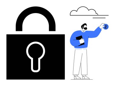 Büyük siyah asma kilit güvenliği sembolize ederken, bir kişi veri simgesi ile etkileşime girer. Çevrimiçi güvenlik, veri koruması, siber savunma, gizlilik, güvenli işlemler, teknoloji, basit düz metafor
